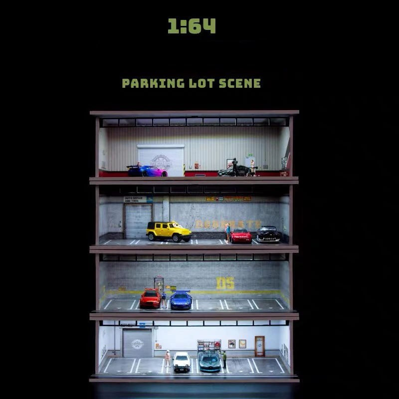1:64 Vitrine Diorama Parkplatz Modell LED Beleuchtung Auto Garage Szene Gebäude Modell Spielzeug Szene Kind Geschenk