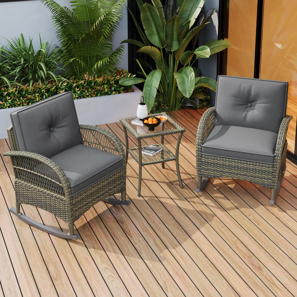 Rattan-Balkon-Set (3-teilig), Grauen-Kissen, Tragkraft 160 kg, modernes und stilvolles Design, aus Rattangeflecht, schlank,