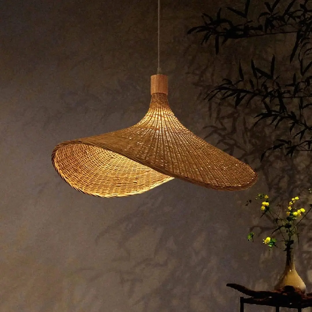 50/60 cm Bambus Weben Kronleuchter Korbgeflecht Lampenschirm Pendelleuchte Retro Rattan Handgewebte Hängelampe Hutförmige E27 Pendelleuchte