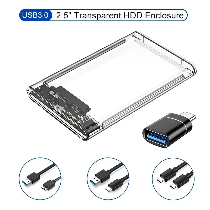 Transparentes HDD-Gehäuse, HDD-Gehäuse, 2,5 Zoll SSD, SATA auf USB 3.0 Typ-C 3.1-Adapter, tragbare externe Festplattenbox, ohne Werkzeug Image