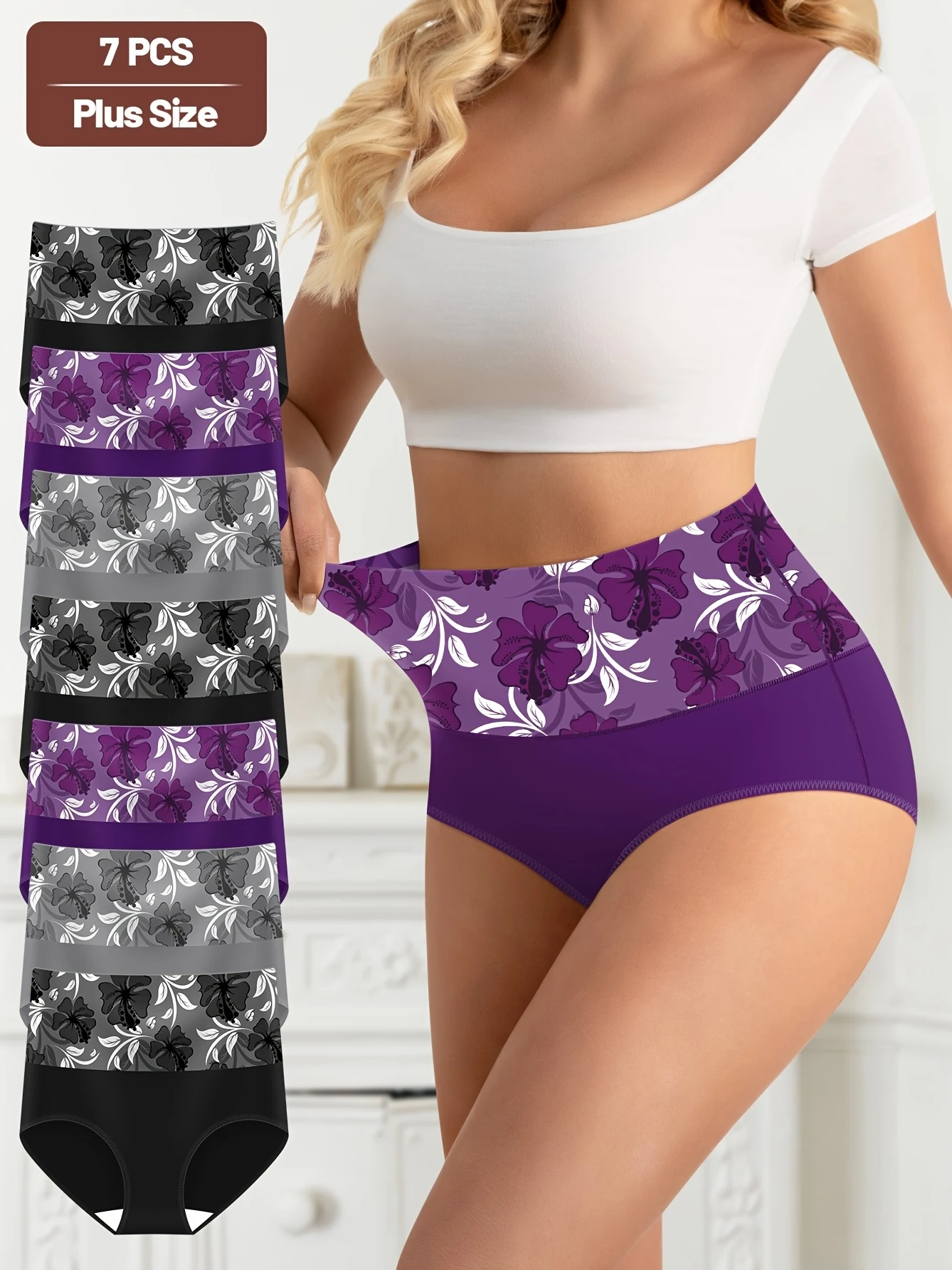 7-teilige Damen-Slips mit hoher Taille – bequem und atmungsaktiv, Plus-Size-Höschen mit Blumenmuster, Bauchkontrolle und dehnbar Image