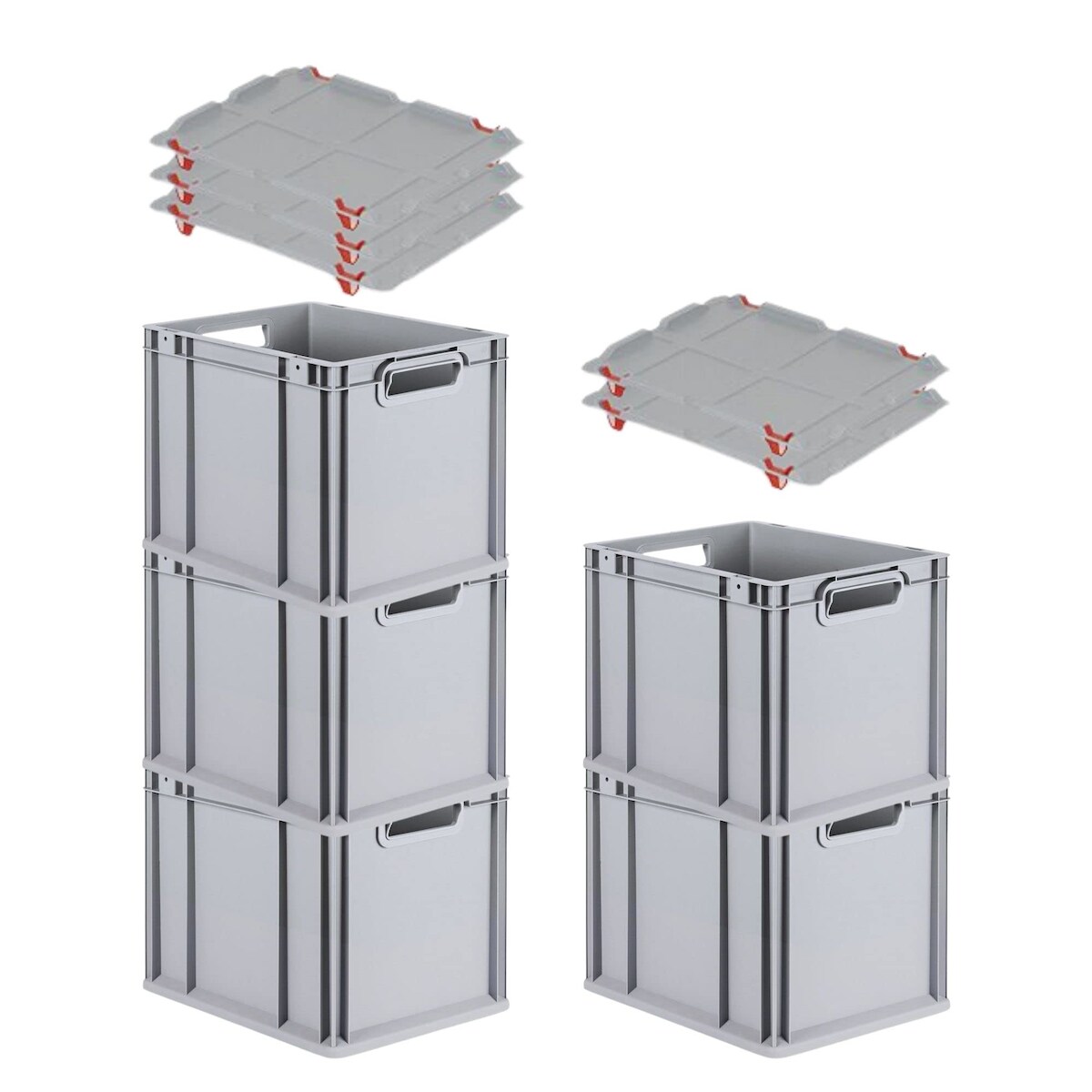 PROREGAL SparSet 5x Eurobox NextGen Economy mit Auflagedeckel & 4x Verschlüsse Rot, Griffe offen, HxBxT 32x30x40cm, 30L, Eurobehälter, Box Image