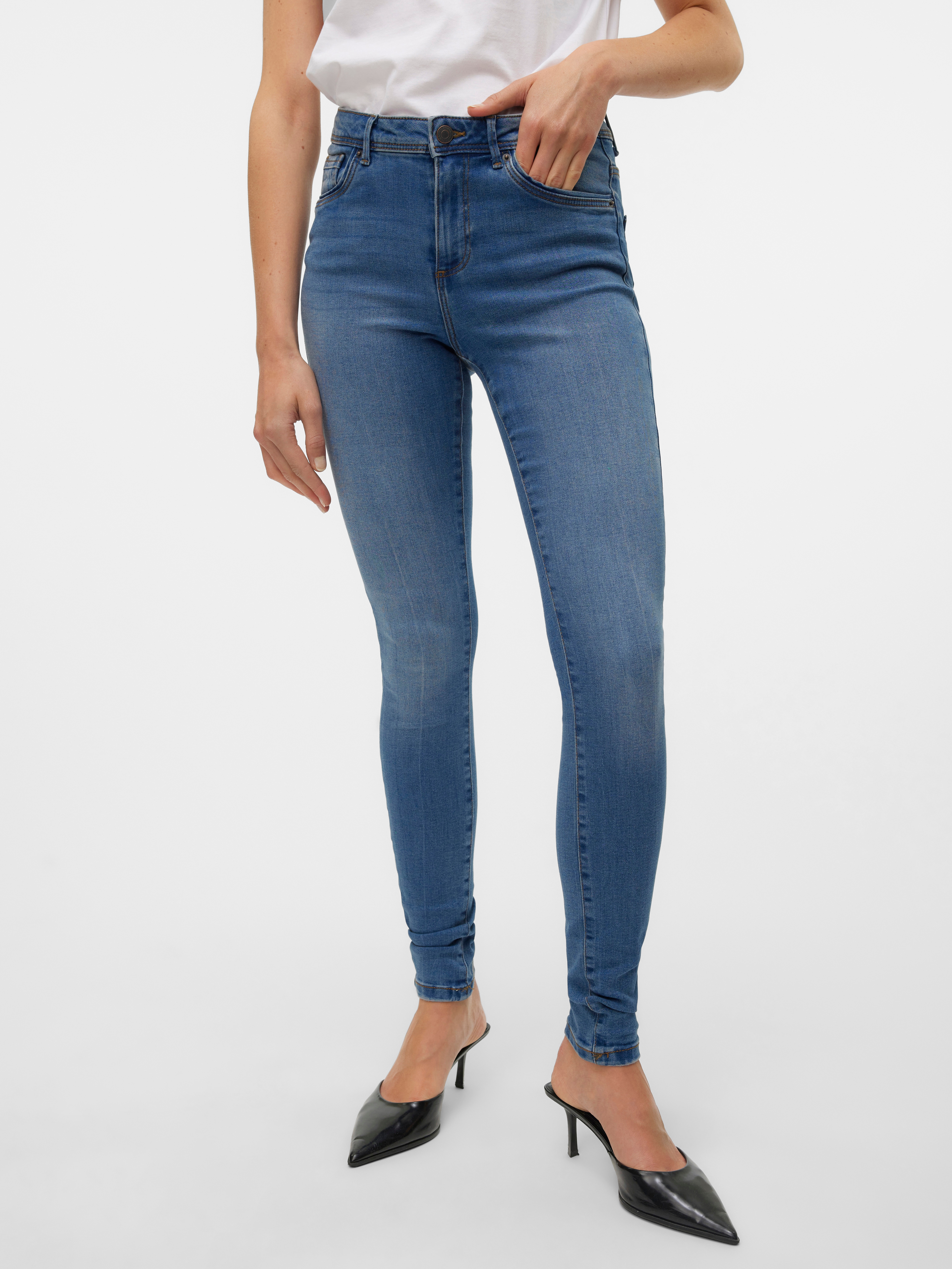 Skinny-fit-Jeans VERO MODA "VMTATIANA MR S PIPING JEANS", Damen, Gr. M (38), Länge 32, blau (medium blau denim), Denim/Jeans, Obermaterial: 69% Baumwolle, 25% Polyester, 3% Elasthan, 3% Viskose, unifarben, skinny fit, Jeans