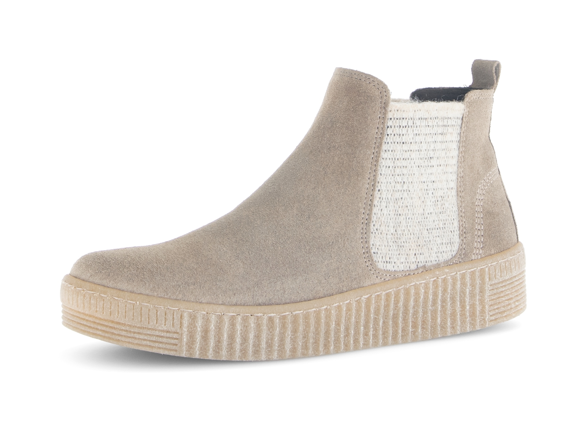 Chelseaboots GABOR, Damen, Gr. 39, hellbeige, Veloursleder, unifarben, Schuhe Chelseaboots, Plateau, Stiefelette, Schlupfschuh mit dezenten Kontrastnähten