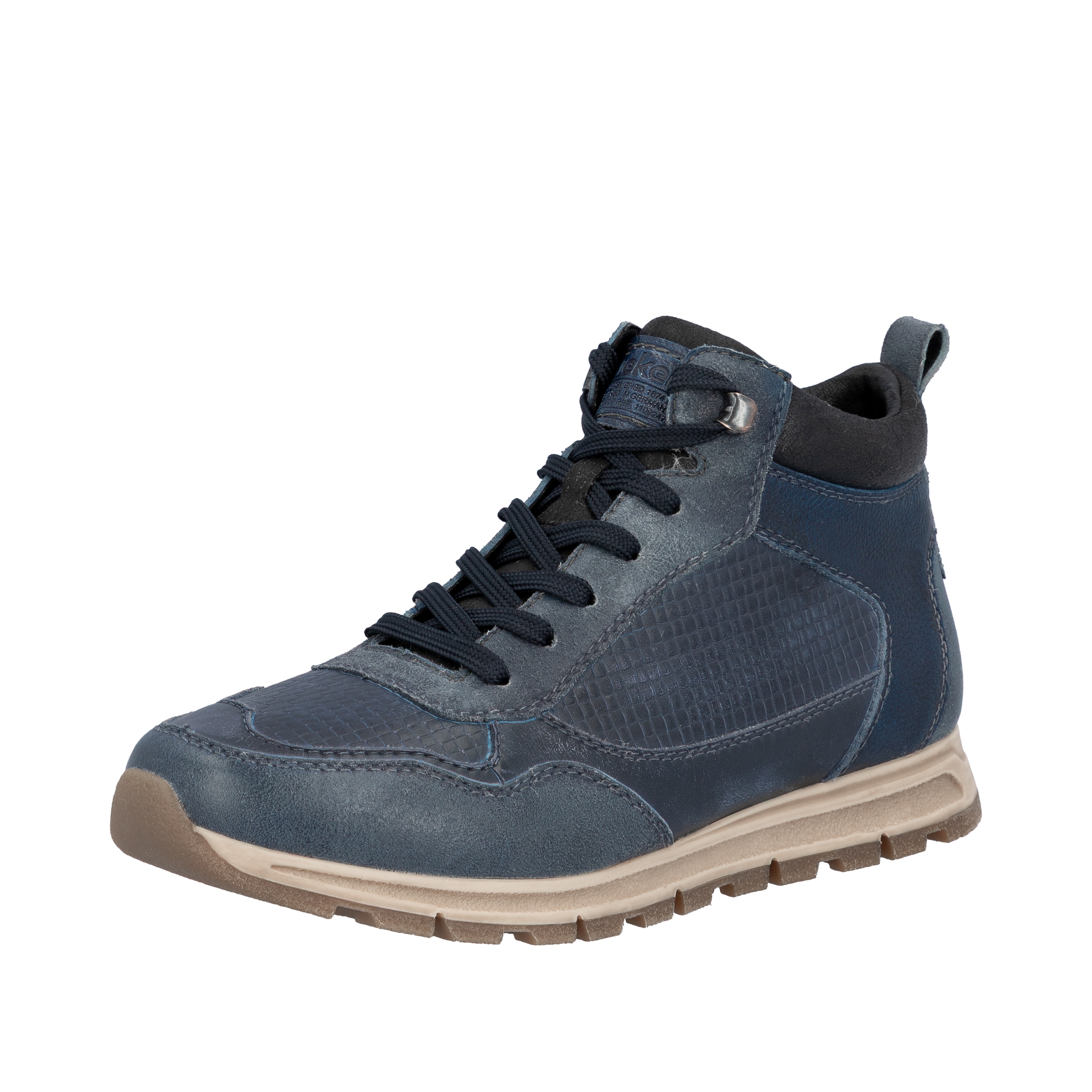 Sneakerboots RIEKER, Damen, Gr. 44, blau (dunkelblau), Glattleder, Veloursleder, Schuhe Sneakerboots, Schnürboots, High Top Sneaker, Schnürschuh mit Innenreißverschluss