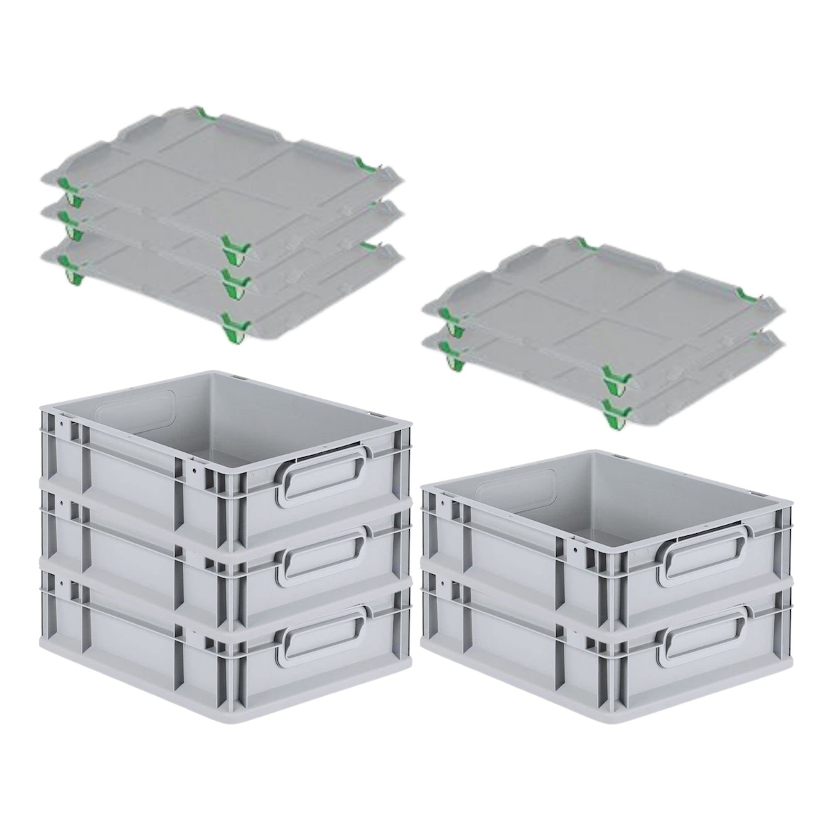 PROREGAL SparSet 5x Eurobox NextGen Economy mit Auflagedeckel & 4x Verschlüsse Grün, Griffe zu, HxBxT 12x30x40cm, 11L, Eurobehälter, Box Image
