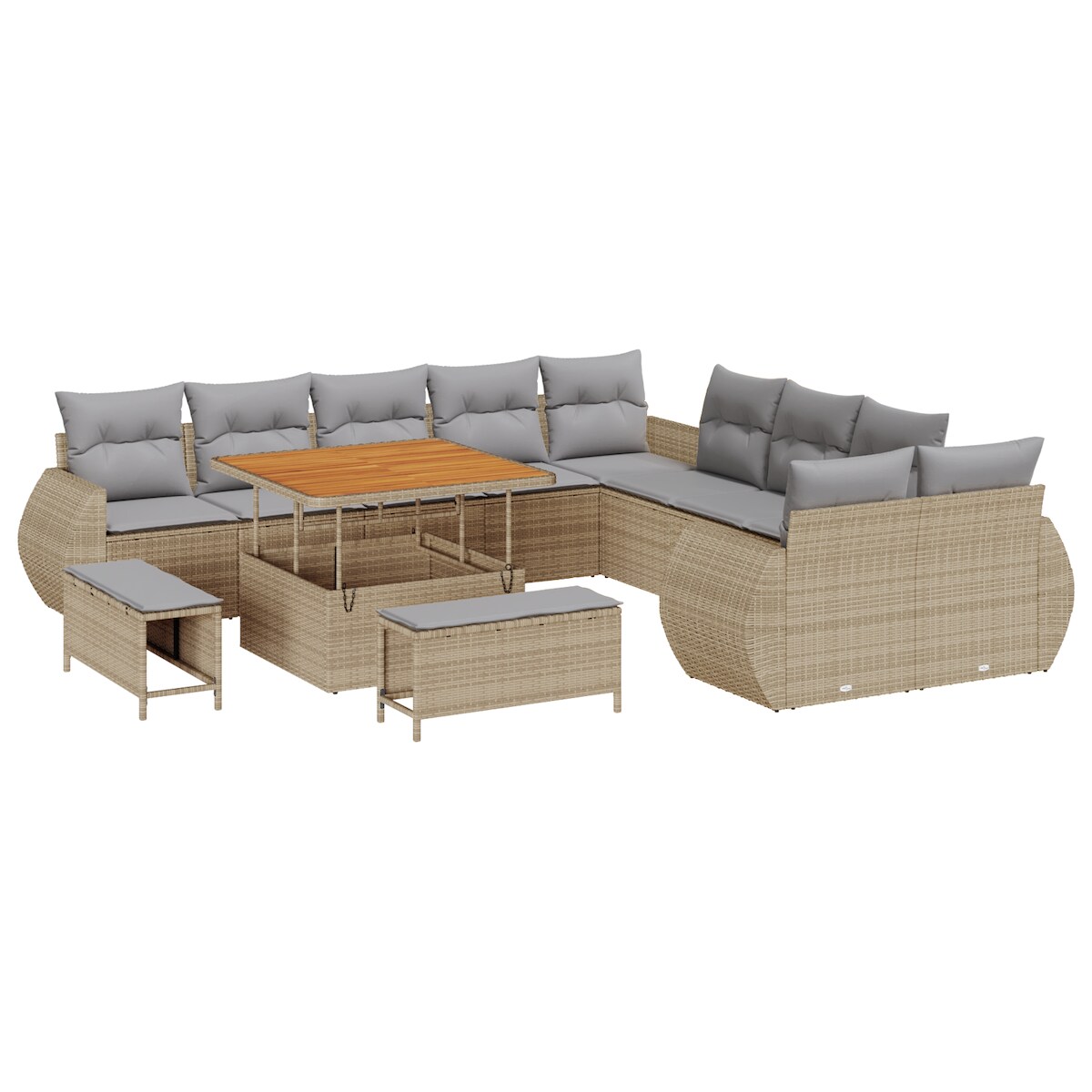 vidaXL 13-teiliges Garten-Sofa-Set mit Kissen, beige, aus Poly-Rattan und Akazie Image