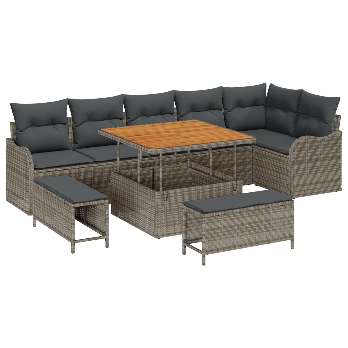 vidaXL 9-teiliges Gartensofa-Set mit Kissen in Grau aus Poly-Rattan und Akazie Image