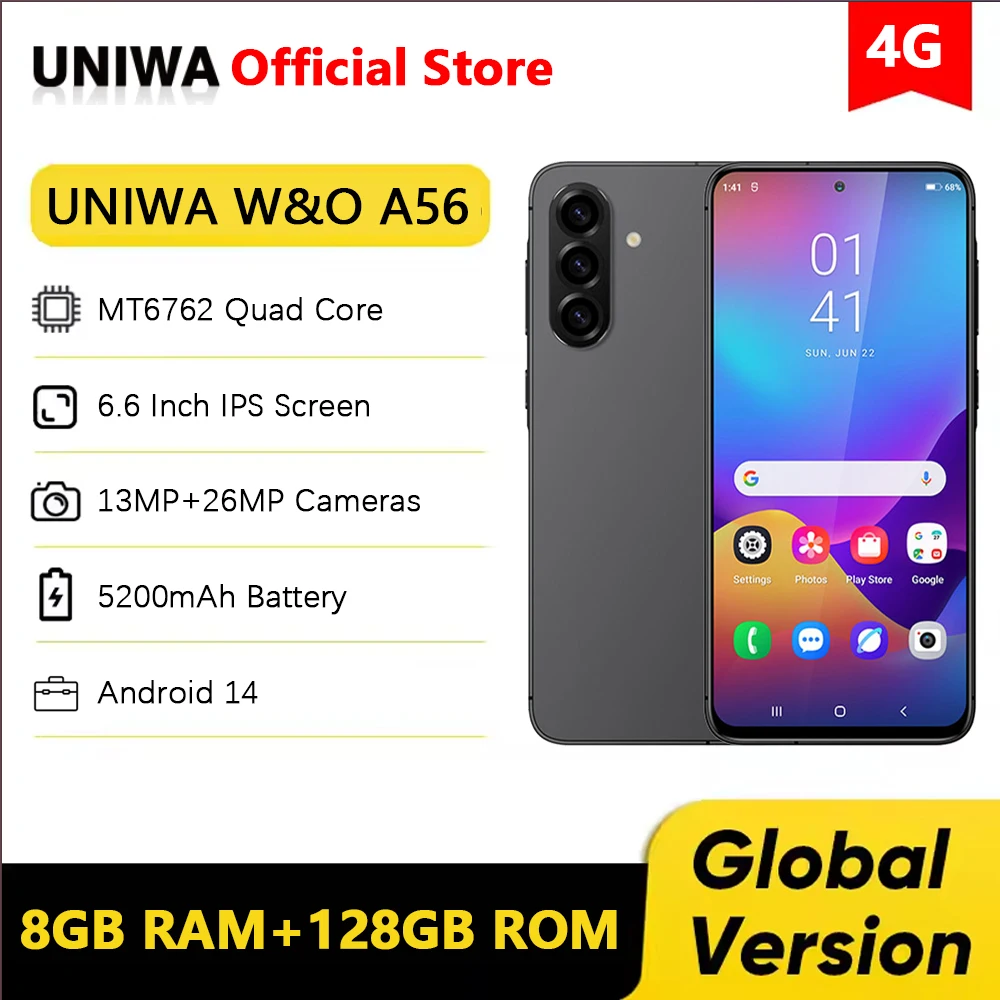 Version mondiale UNIWA W & O A56 4G Smartphone Android 14 6.7 pouces HD + affichage 8GB + 128GB 26MP + 13MP caméra 5200mAh téléphone portable en vente