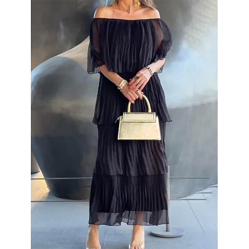 Damen Midikleid Cocktailkleid Kleid für Hochzeitsgäste Chiffon Elegant Mode Modern Outdoor Urlaub Normale Passform Einfach Halbarm Schulterfrei Schwarz Weiß Grau Sommer Frühling Image