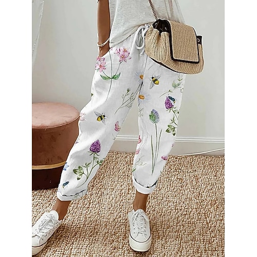 Damen Kunstbaumwollleinen Chinos Hosen Hose Aktiv Alltagstauglich Lang Hohe Taille Blumen Tasche Drucken Elastisches Kordelzugdesign Atmungsaktivität Weich Mikroelastisch Urlaub Straße Alltagskleidung Image