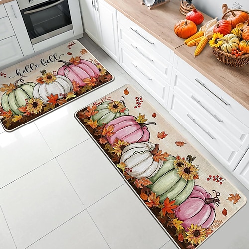 Herbstliches Kürbis-Leinenmatten-Set - saugfähige, ölbeständige Küchen- und Eingangstürmatten, 2-teiliges Set für Thanksgiving Image