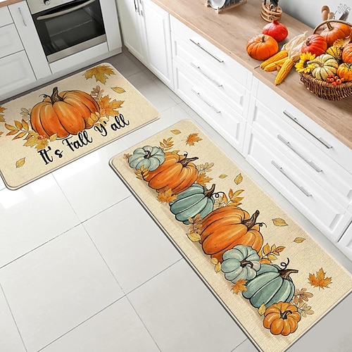 Herbstliches Kürbis-Leinenmatten-Set - saugfähige, ölbeständige Küchen- und Eingangstürmatten, 2-teiliges Set für Thanksgiving Image