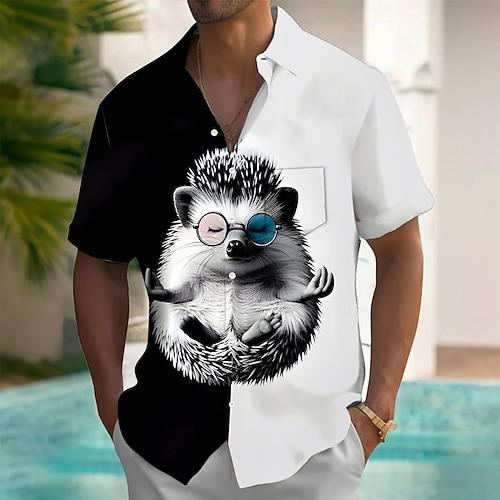 Herren Tiermotiv Igel Hemd Sommerhemd Knopfhemd Kurzarm Lustig Outdoor Urlaub Alltagskleidung Sommer Frühling Umlegekragen 3D-Druck Hemden mit Kragen Eine Tasche vorne WeißSchwarz Image