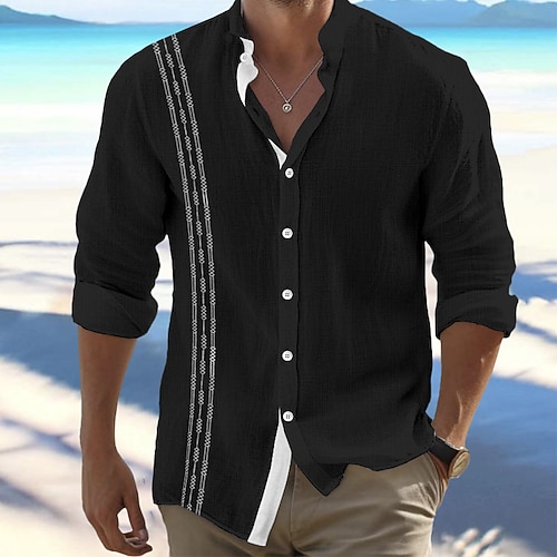 Herren Hemd Leinenhemd Guayabera Hemd Stehkragenhemd Sommerhemd Strandbekleidung Urlaub Kreuzfahrt Schwarz Weiß Rosa Khaki Langarm Stehkragen Sommer Frühling Bekleidung Bestickt Image