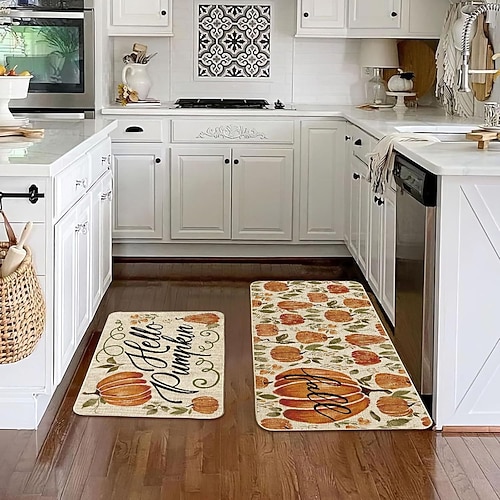 Herbstliches Kürbis-Leinenmatten-Set - saugfähige, ölbeständige Küchen- und Eingangstürmatten, 2-teiliges Set für Thanksgiving Image