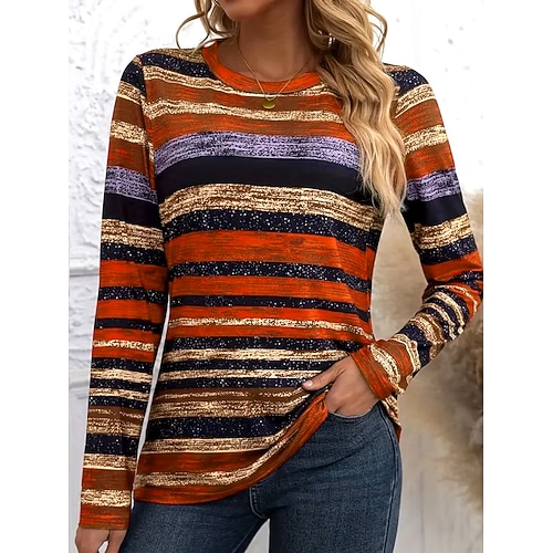 Damen T-Shirt Rundhals Langarm Tunika Grafik Geometrisch Gestreift Vintage Stylisch Rundhals Regelmäßige Oberteile Alltag Druck Wein Orange Herbst Image