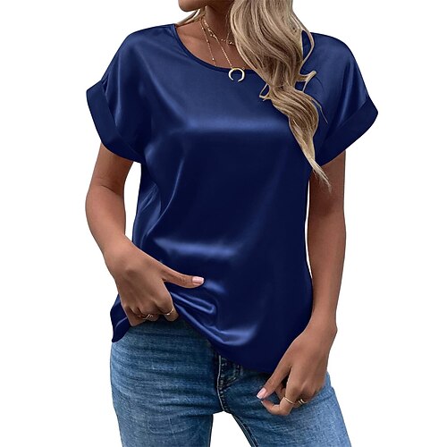 Damen Elegant Satin-Top T Shirt Seiden-Oberteile Einfach Mode Modern Kurzarm Rundhalsausschnitt Normale Oberteile Täglich Ausgehen Wochenende Wein Armeegrün Marineblau Khaki Beige Sommer Image