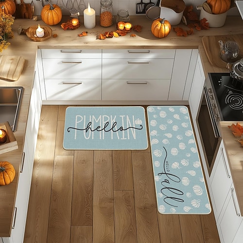Herbstliches Kürbis-Leinenmatten-Set - saugfähige, ölbeständige Küchen- und Eingangstürmatten, 2-teiliges Set für Thanksgiving Image