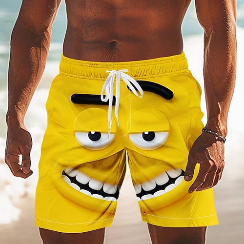 Herren 3D Zeichentrick Lächelndes Gesicht Badehosen Badeshorts Boardshorts Mittlere Taille Lustig Outdoor Urlaub Alltagskleidung Seitentaschen Netzfutter Elastischer Kordelzug in der Taille Designer Image