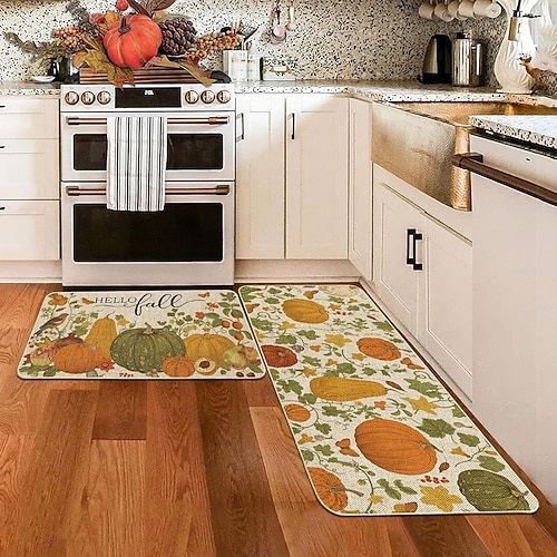Herbstliches Kürbis-Leinenmatten-Set - saugfähige, ölbeständige Küchen- und Eingangstürmatten, 2-teiliges Set für Thanksgiving Image