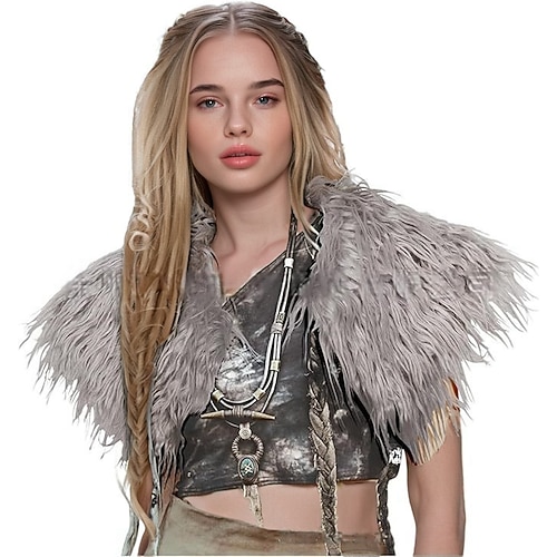 Retro Vintage Mittelalterlich Renaissance Umhang Schals Kunstpelzkostüm Krieger Wikinger Kostüm Damen Vikinger Halloween Karneval Leistung Party LARP Erwachsene Schal Ganzjahres Image