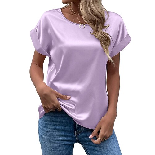 Damen Elegant Satin-Top T Shirt Seiden-Oberteile Einfach Mode Modern Kurzarm Rundhalsausschnitt Normale Oberteile Täglich Ausgehen Wochenende Blau Schwarz Weiß Rosa Purpur Sommer Image
