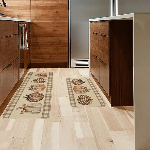 Herbstliches Kürbis-Leinenmatten-Set - saugfähige, ölbeständige Küchen- und Eingangstürmatten, 2-teiliges Set für Thanksgiving Image