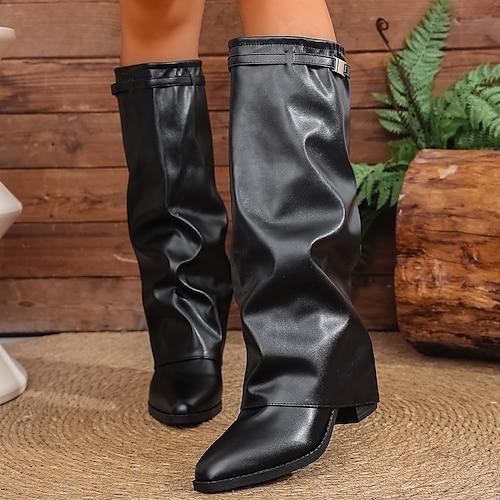 Damen Stiefel Schluffige Stiefel Täglich Blockabsatz Spitze Zehe Lässig Kunstleder Loafer Schwarz Beige
