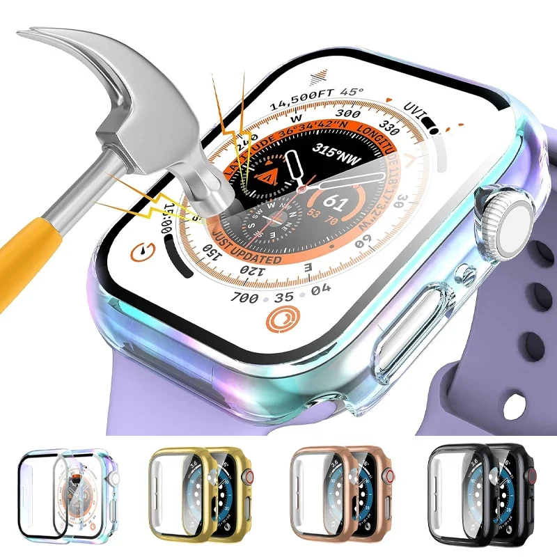 Glas + Abdeckung für Apple Watch Gehäuse 45 mm 41 mm 44 mm 40 mm 42 mm 38 mm Überzug PC Bumper Displayschutzfolie iWatch Serie 9 8 7 6 5 4 3 se Image