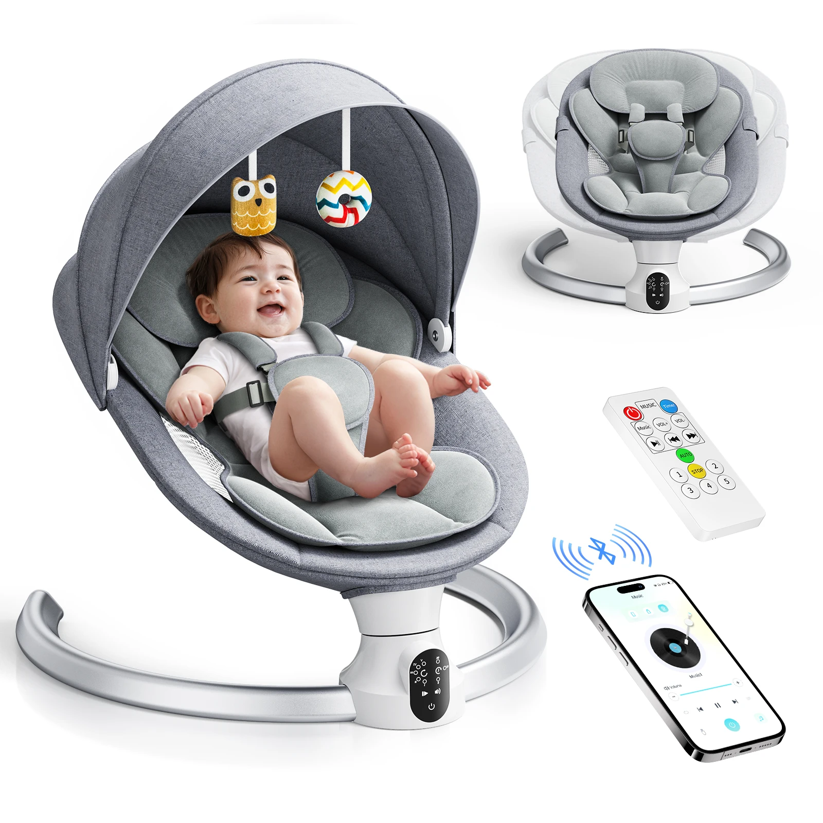 Elektrische Babyschaukel, Babywippe, APP und ferngesteuerte Babyswaage von der Geburt bis 9 kg, 5-Punkt-Geschirr, verbesserte Babyswaage mit 3 Timern Image