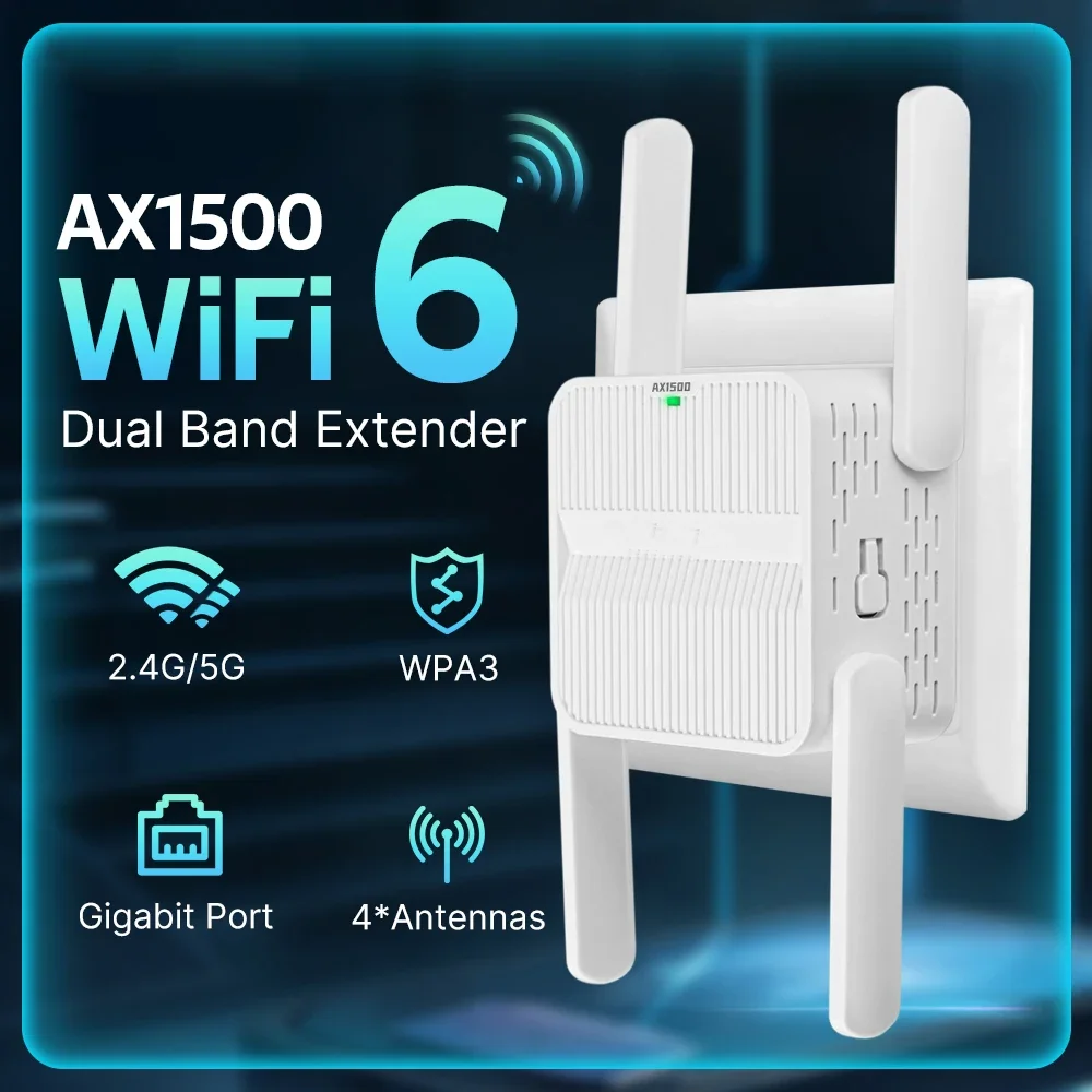 Ax1500 wifi 6 repeater dual band 2,4g & 5ghz router drahtloser wifi fi extender 4 * 2dbi antenne gigabit netzwerk karten verstärker für pc Image