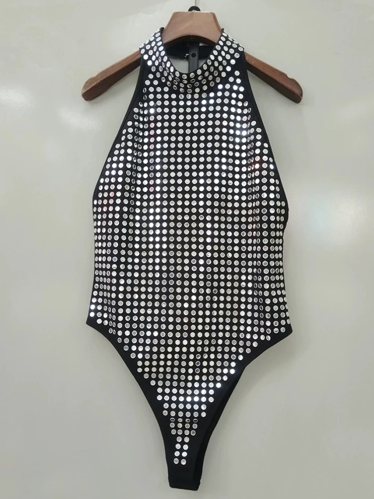 Luxuriöser Retro-Overall mit silbernem Strass-Bottom-Top für Sommerfrauen, neuer, schlanker, schlanker, sexy Neckholder-Overall. Image