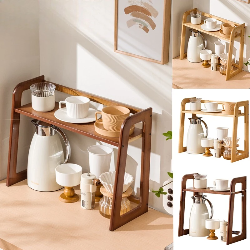 Neueste Arbeitsplatte Doppel Schicht Holz Organizer Kaffee Tasse Tee-Set Lagerung Tasse Rack Kaffee Utensil Lagerung Natürliche Holz Finish