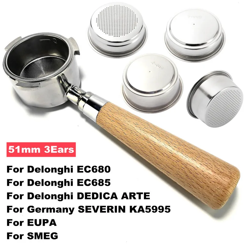 Bodenloser Siebträger für Delonghi EC680 EC685, Druckfilterkorb, 51 mm Filter, Espresso-Kaffeemaschine, Barista-Werkzeuge