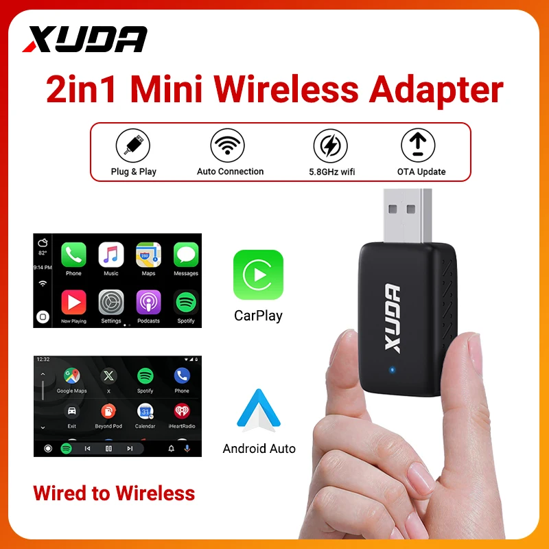 Der neue kabellose CarPlay- und Android Auto 2-in-1-Adapter XUDA NEW Mini ist für 99 % der Originalautos mit kabelgebundenem Carplay/Auto geeignet Image
