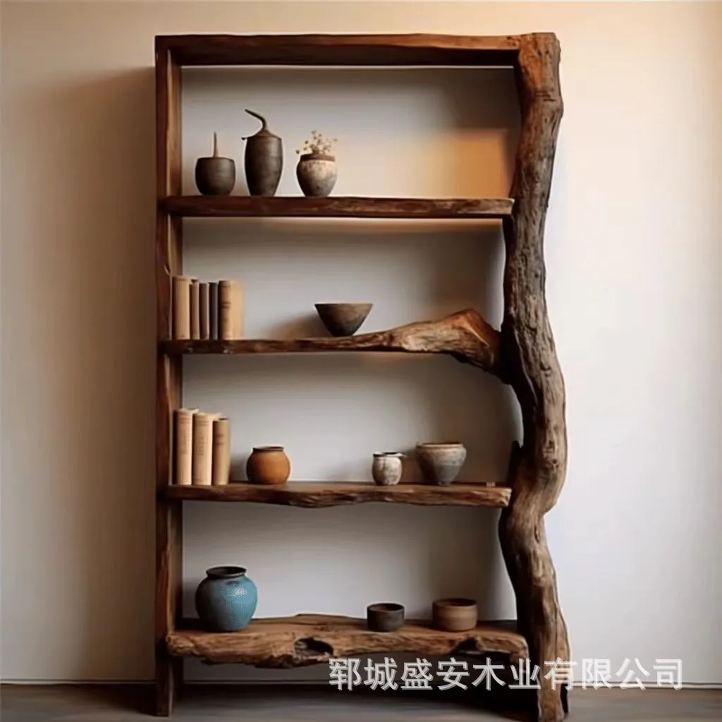 Alte Ulme Wabi Wind Bücherregal Lagerregal vom Boden bis zur Decke mehrschichtiges Bogu Regal Lagervitrine Möbel Massivholz Image