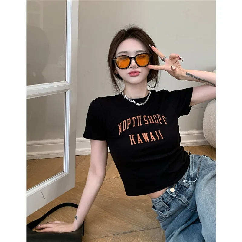 2025 neue Sommer Crop Top Brief Schlank Drucken Kurzarm T-Shirts Amerikanischen Vintage Casual Street Hip Hop Y2k Kleidung Tops Image