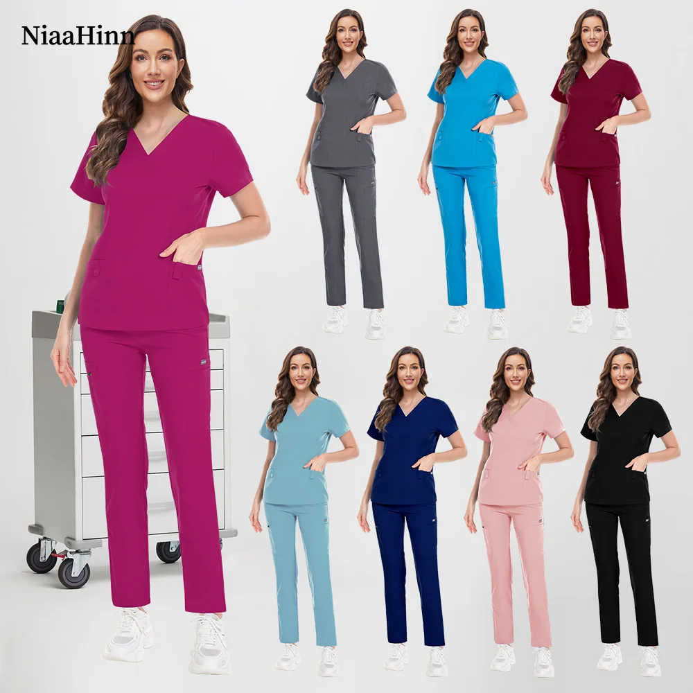 Mehrfarbige Scrubs-Uniform für Damen und Herren, Schönheitssalon, Arbeitsuniform, Labor-Arbeitskleidung, Hundesalon, Scrubs-Sets, Arzt-Tops, Hosen Image