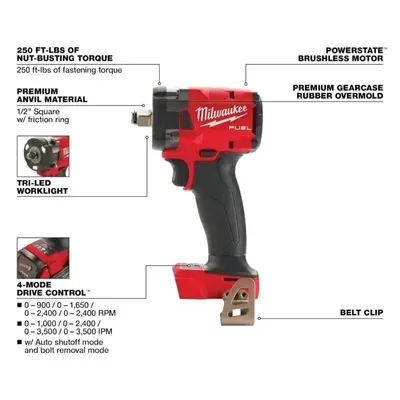 Milwaukee 18 V 800 N.M bürstenloser Schlagschrauber, 4 Gänge, kabelloser Elektroschrauber, 1/2-Zoll-Buchse, Elektrowerkzeuge mit hohem Drehmoment