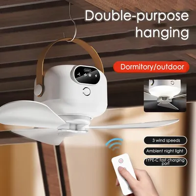Portable Ceiling Fan Outdoor Camping Fan Tent Ventilator Cooler Rechargeable Electric Fan Remote Control 3 Gears LED Lighting