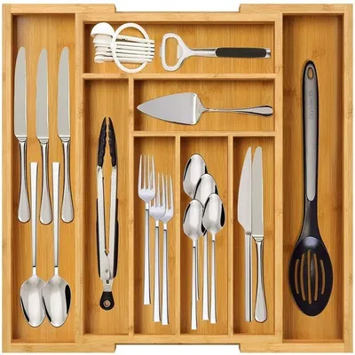 Bamboo Expandable Kitchen Drawer Storage Box Fork Tableware Knife Tableware Retractable Partitioned Organizing Box,