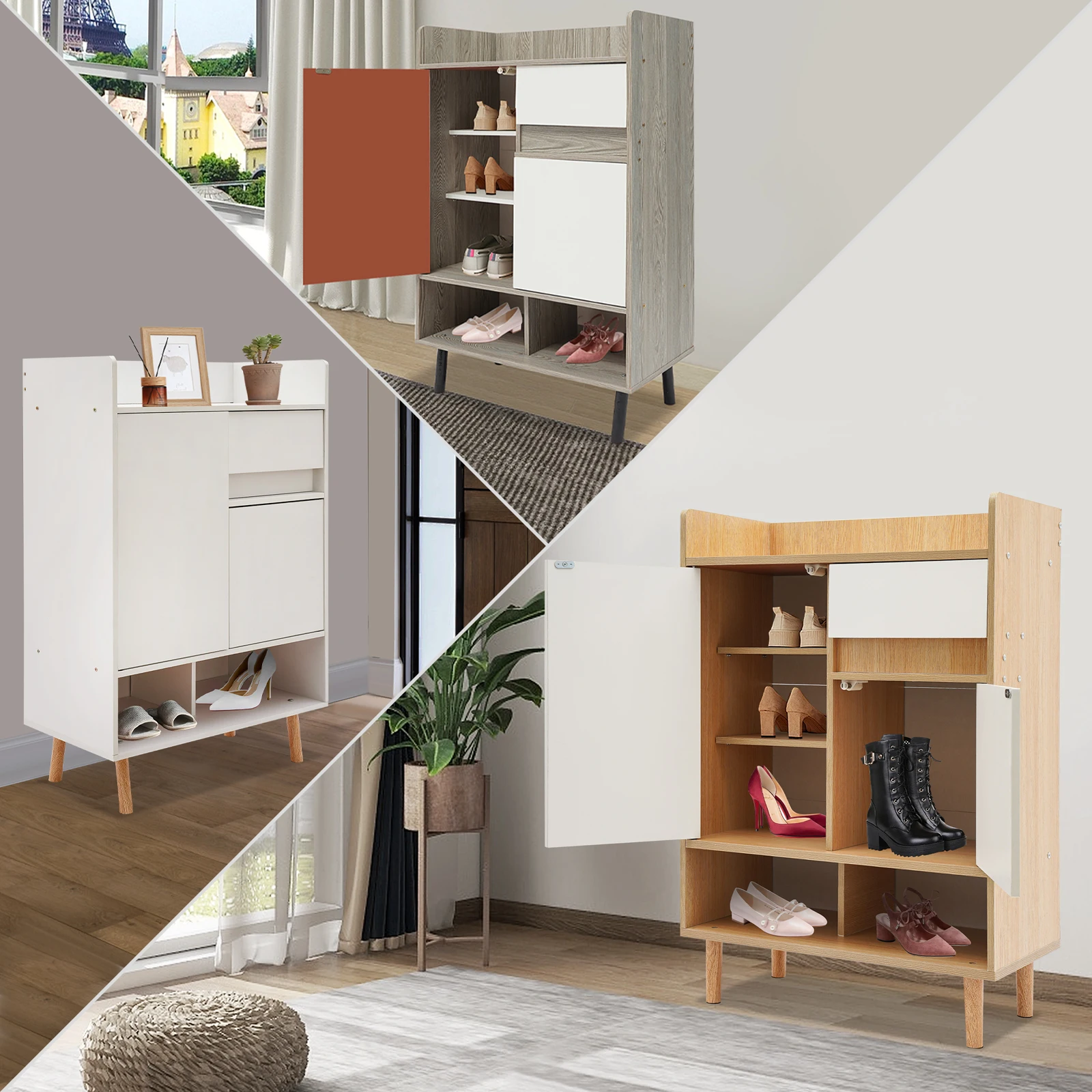 Moderner Schuhschrank mit offener Drucktüren und Schublade, mehrstufiger Stauraum für den Eingangsbereich, 35,4" hoher Organizer für Schuhe und Accessoires