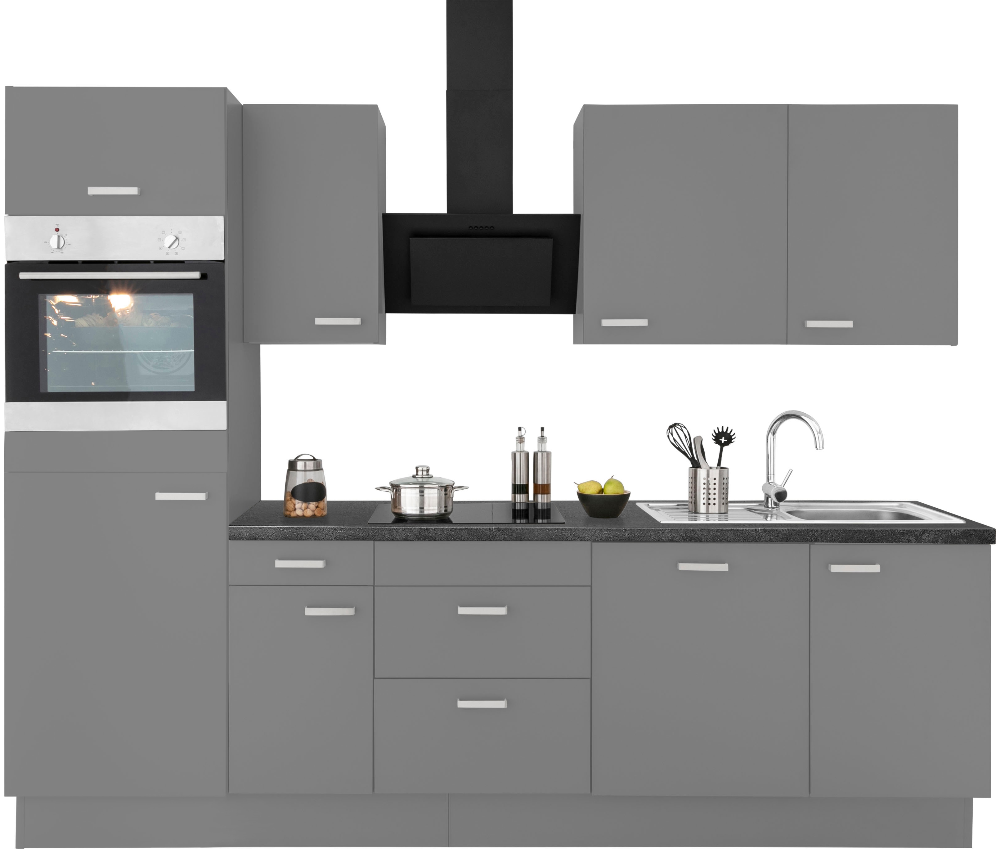 Küchenzeile OPTIFIT "Parma", grau (küche: grau, korpus: basaltgrau, arbeitsplatte: granit schwarz), B:270cm T:60cm, Komplettküchen-Sets, Küchenzeile, ohne E-Geräte, Breite 270 cm