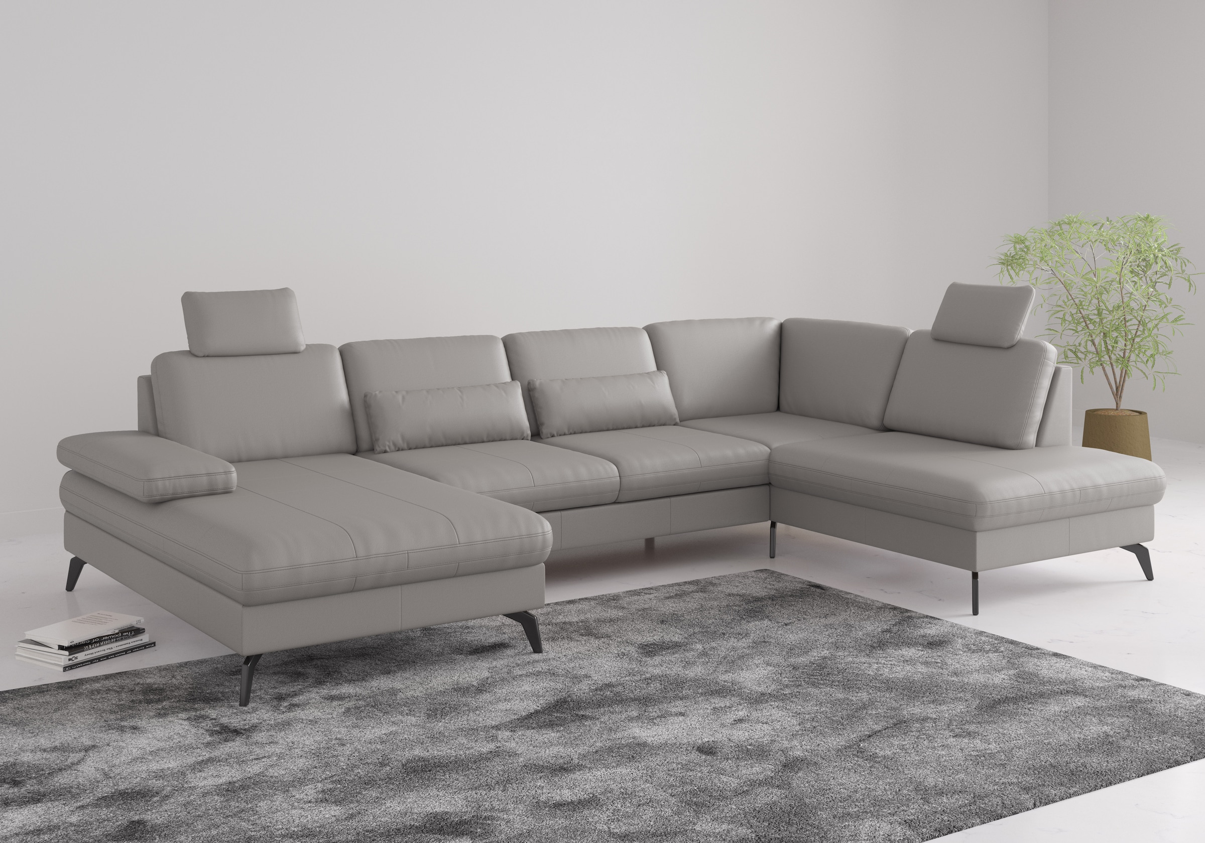 Wohnlandschaft SIT & MORE "Morris U-Form, inkl. Sitztiefenverstellung", grau (light grau), B:335cm H:82cm T:212cm, Sofas, wahlweise mit Armteilverstellung, Bettfunktion & Bettkasten Image