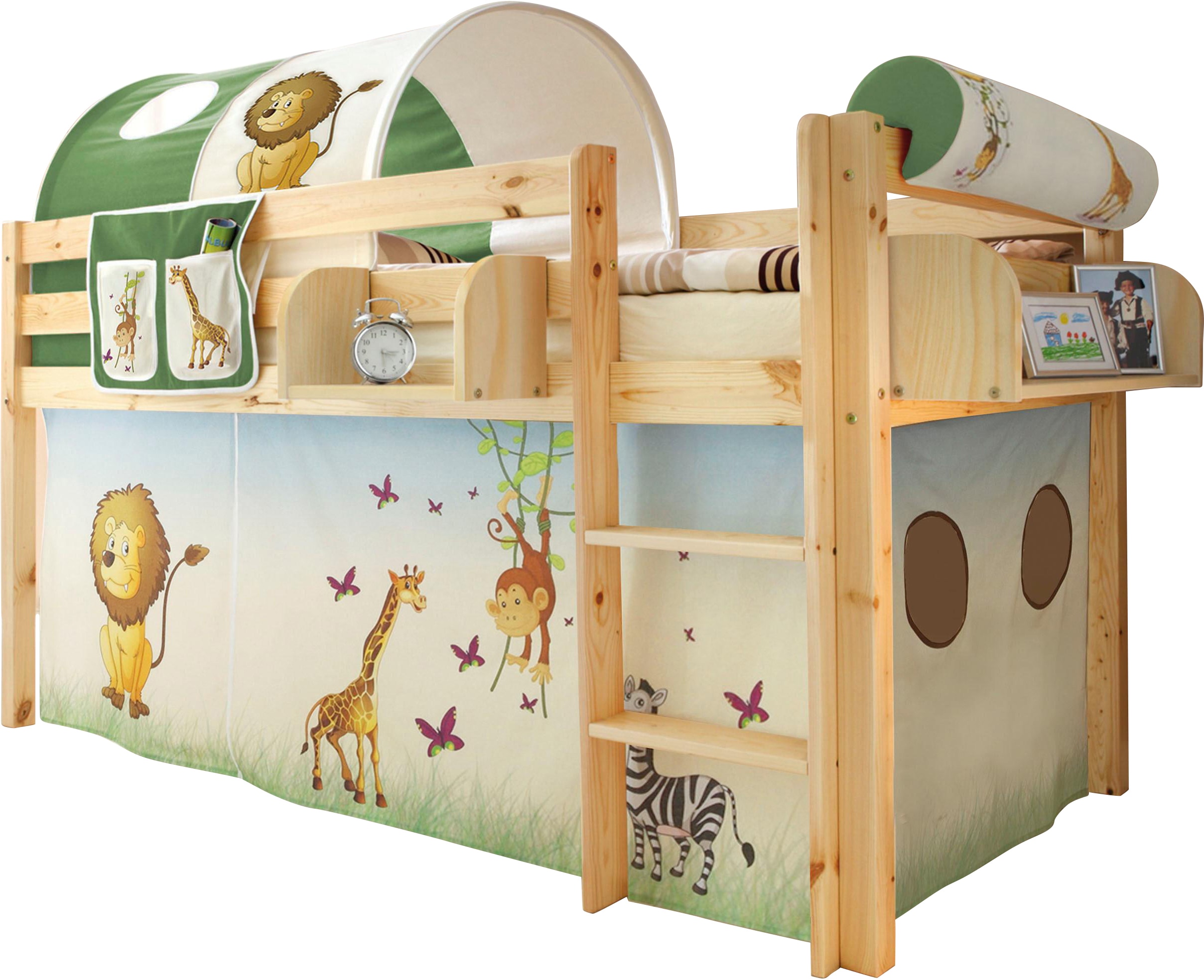 Hochbett TICAA "Malte", beige (kiefer massiv natur, safari), B:101cm H:114cm L:205cm, Hochbetten, Hochbett, mit Rollrost und in verschiedenen Ausführungen wahlweise mit Matratze