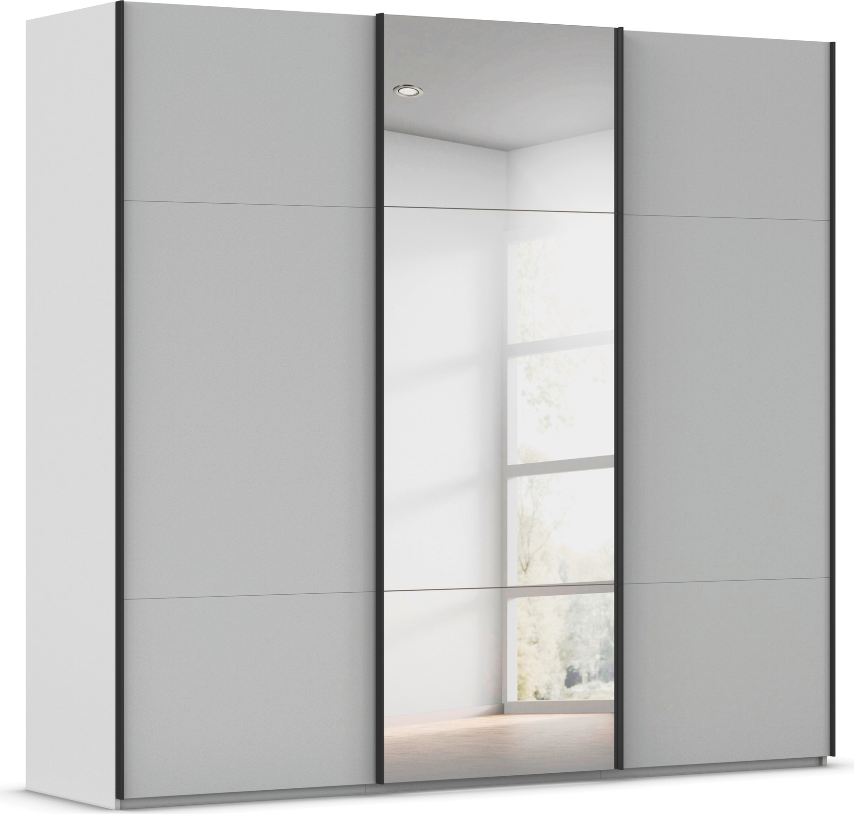 Schwebetürenschrank RAUCH "Kleiderschrank Schrank Garderobe Schlafzimmerschrank CONTIDO", grau (seidengrau), B:242cm H:223cm T:68cm, Holzwerkstoff, Schränke, aus hochwertigem Material in 6 Breiten 2 Griff-Farben MADE IN GERMANY Image