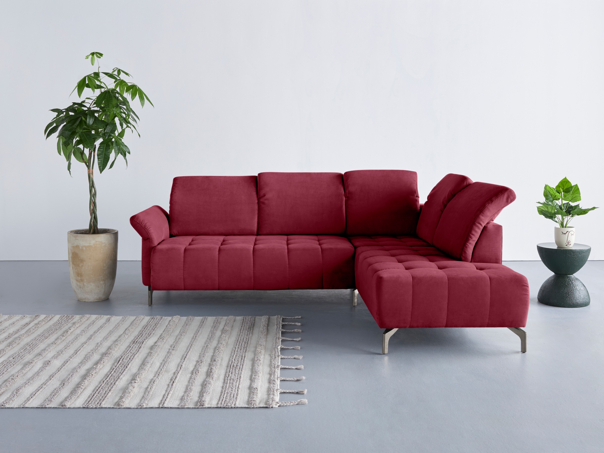 Ecksofa INOSIGN "Fresh L-Form", rot (bordeaux), B:260cm H:79cm T:220cm, 100% Polyester, Sofas, Federkern, wahlweise Kopfteilverstellung und motorischer Vorziehsitz Image