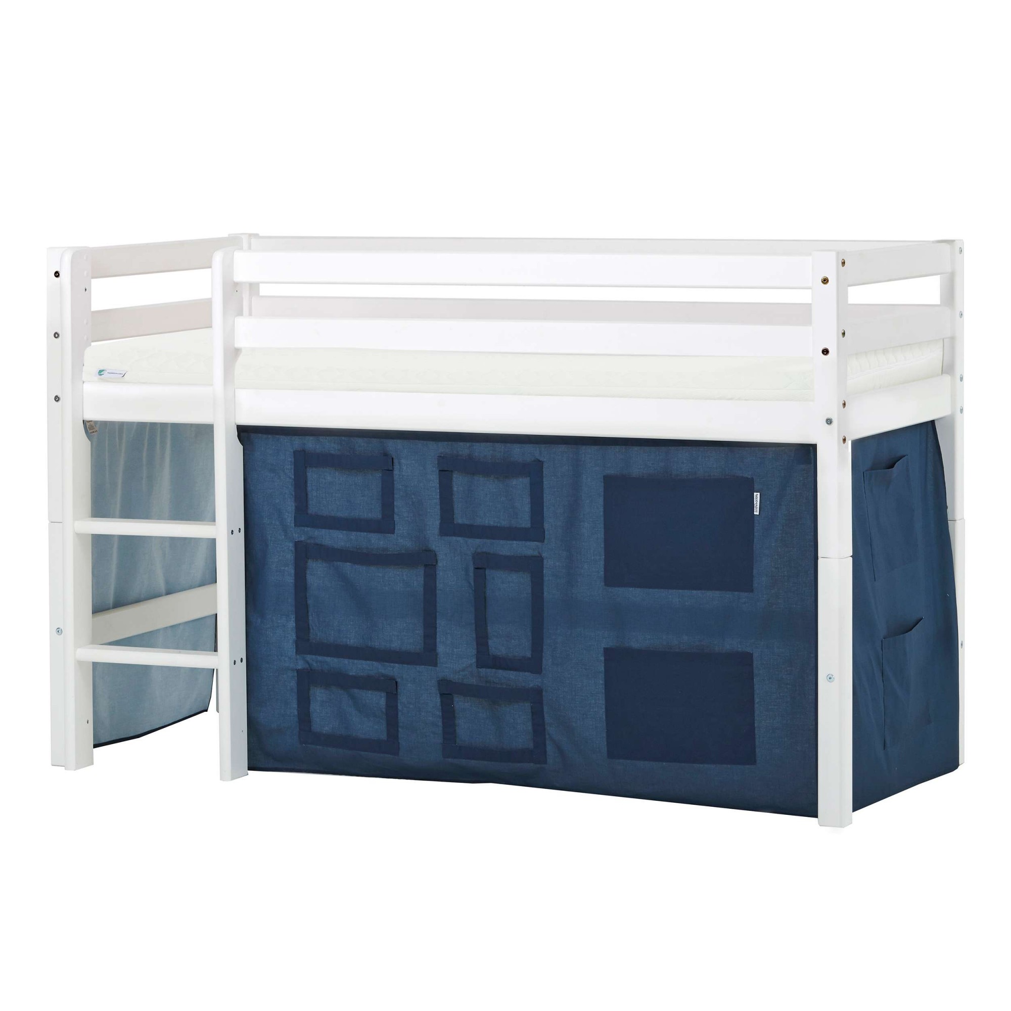 Hochbett HOPPEKIDS "ECO Dream, Kinderbett, Spielbett, Halbhohes Bett aus Massivholz", blau (weiß, creator blau), B:81 H:105 L:168, Kinderbett: 100% Massivholz: Nordische Kiefer, Vorhang: 100% Baumwolle, Matratzenbezug: 77% Polyester, 23%... Image