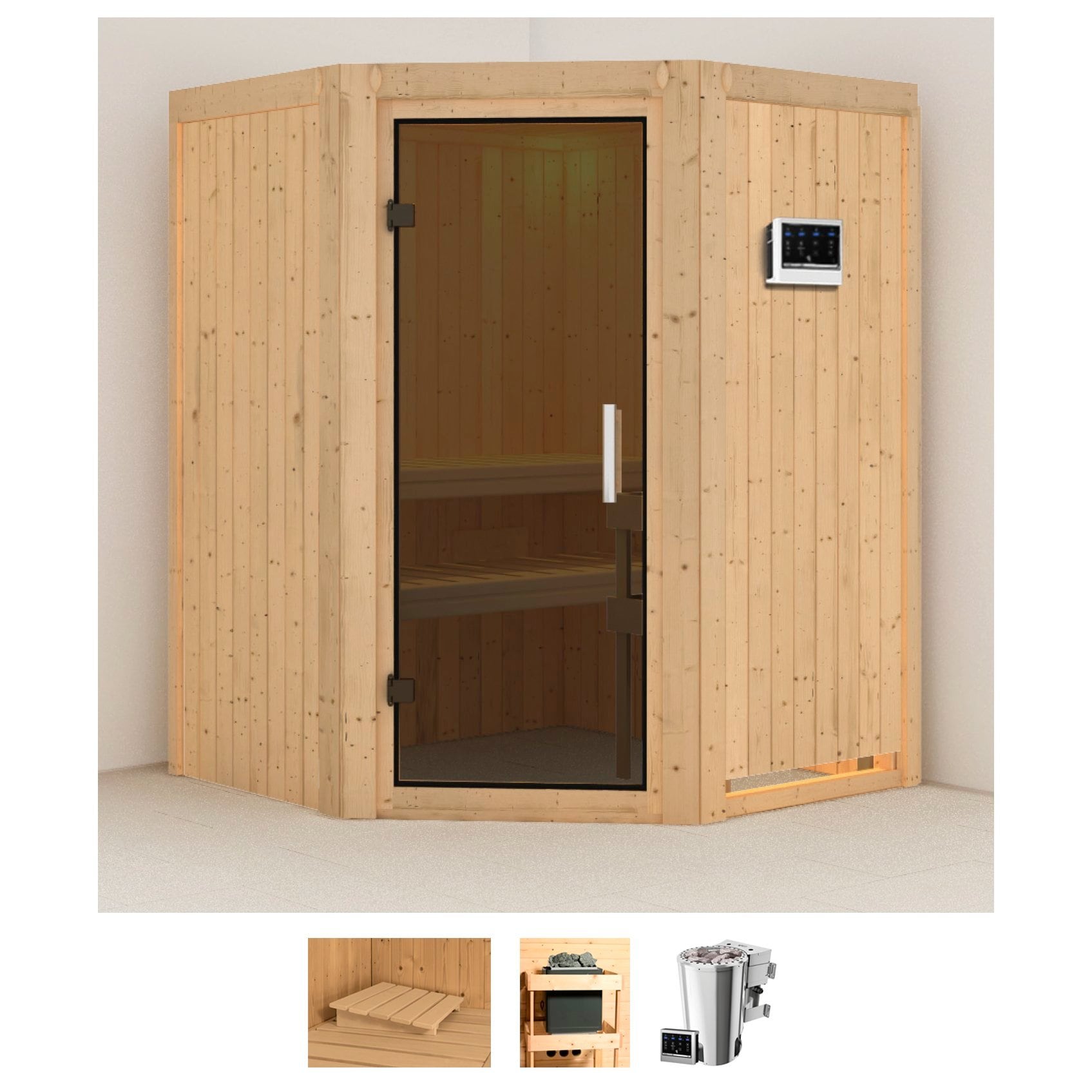 Sauna KARIBU "Nanna", beige (naturbelassen), Bio-Kombiofen, externe Steuerung, 3,6 kW, Saunen, Ofen 3,6 kW Bio-Ofen externe Strg. easy
